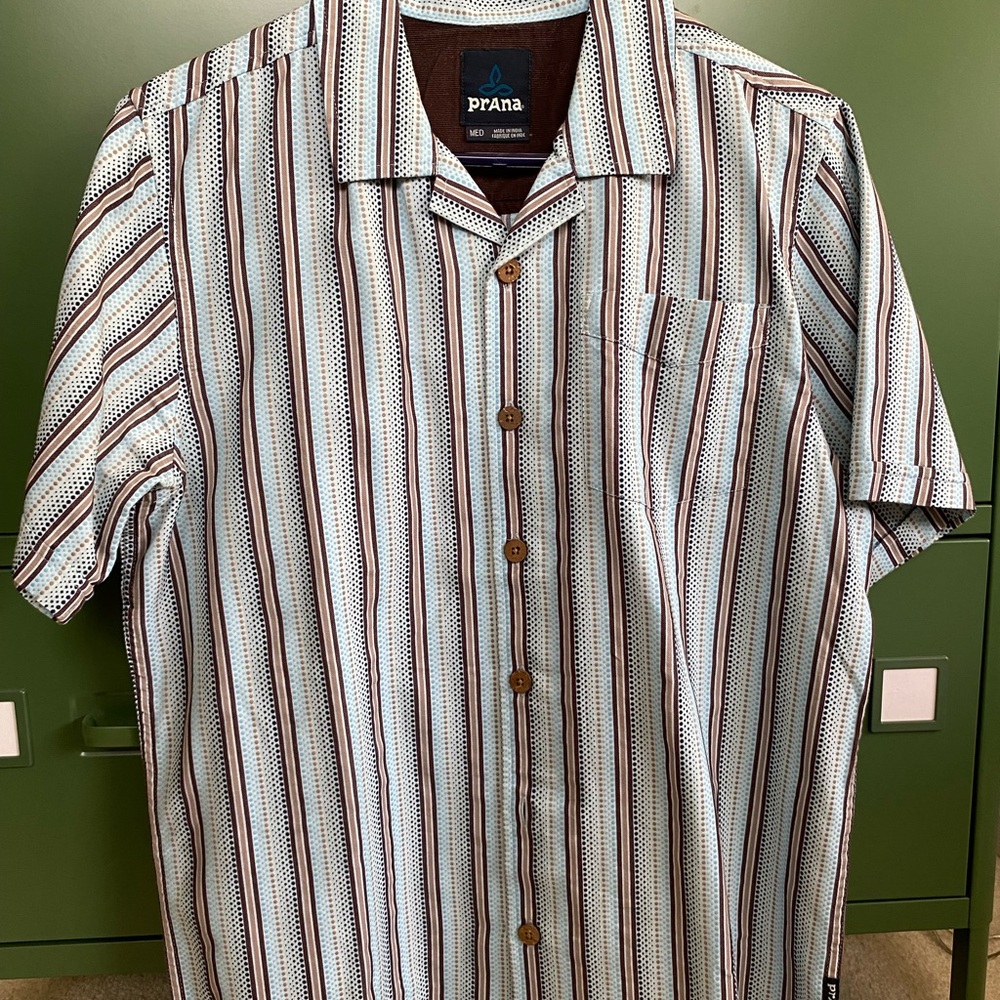 COPY - Prana Casual Button Down Shirt Brown and White Stripes